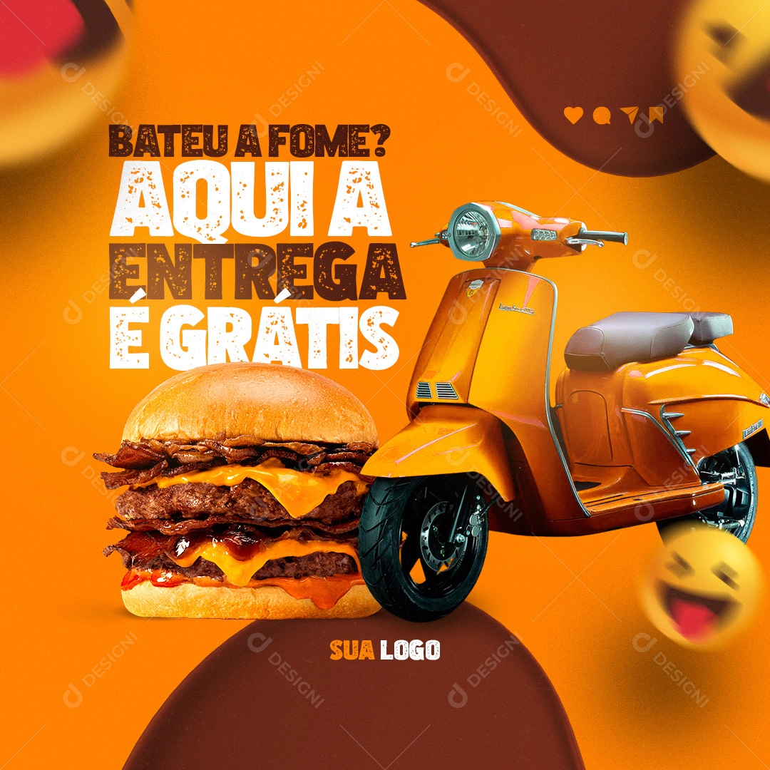 Bateu a Fome? Aqui a Entrega é Grátis Hamburgueria Delivery Social Media PSD Editável
