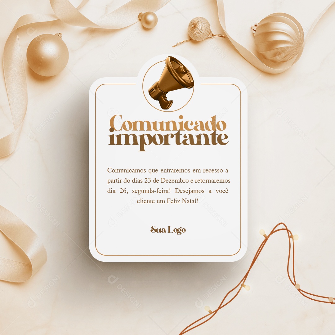 Comunicado Importante Entraremos em Recesso Feliz Natal Social Media PSD Editável