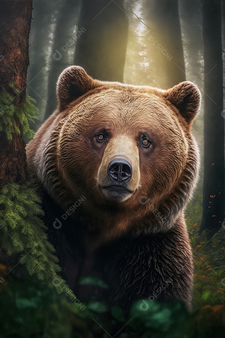 Retrato de um lindo urso pardo selvagem sozinho em uma floresta em seu habitat natural.