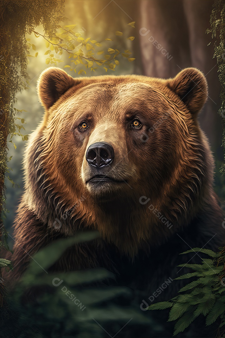 Retrato de um lindo urso pardo selvagem sozinho em uma floresta em seu habitat natural.