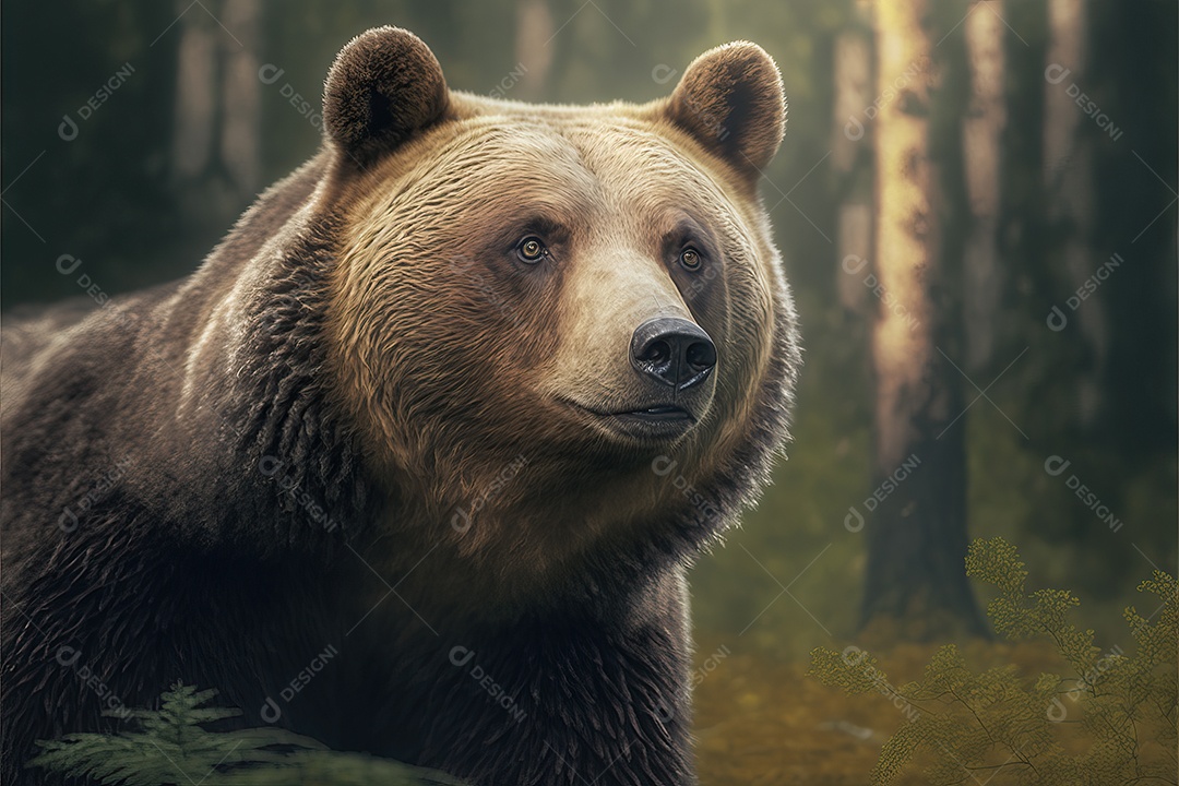 Retrato de um lindo urso pardo selvagem sozinho em uma floresta em seu habitat natural.