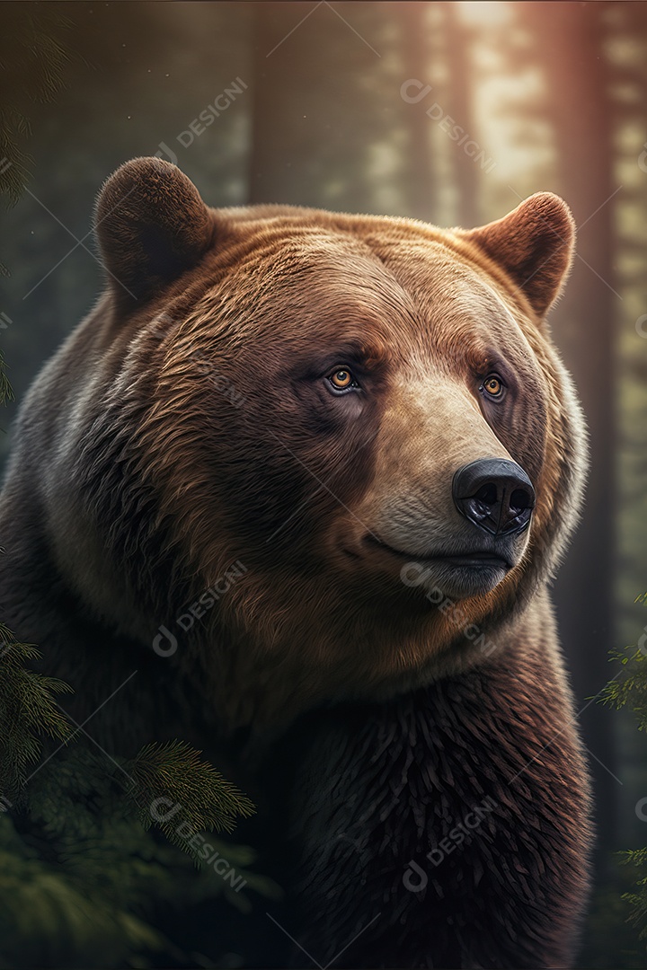 Retrato de um lindo urso pardo selvagem sozinho em uma floresta em seu habitat natural.