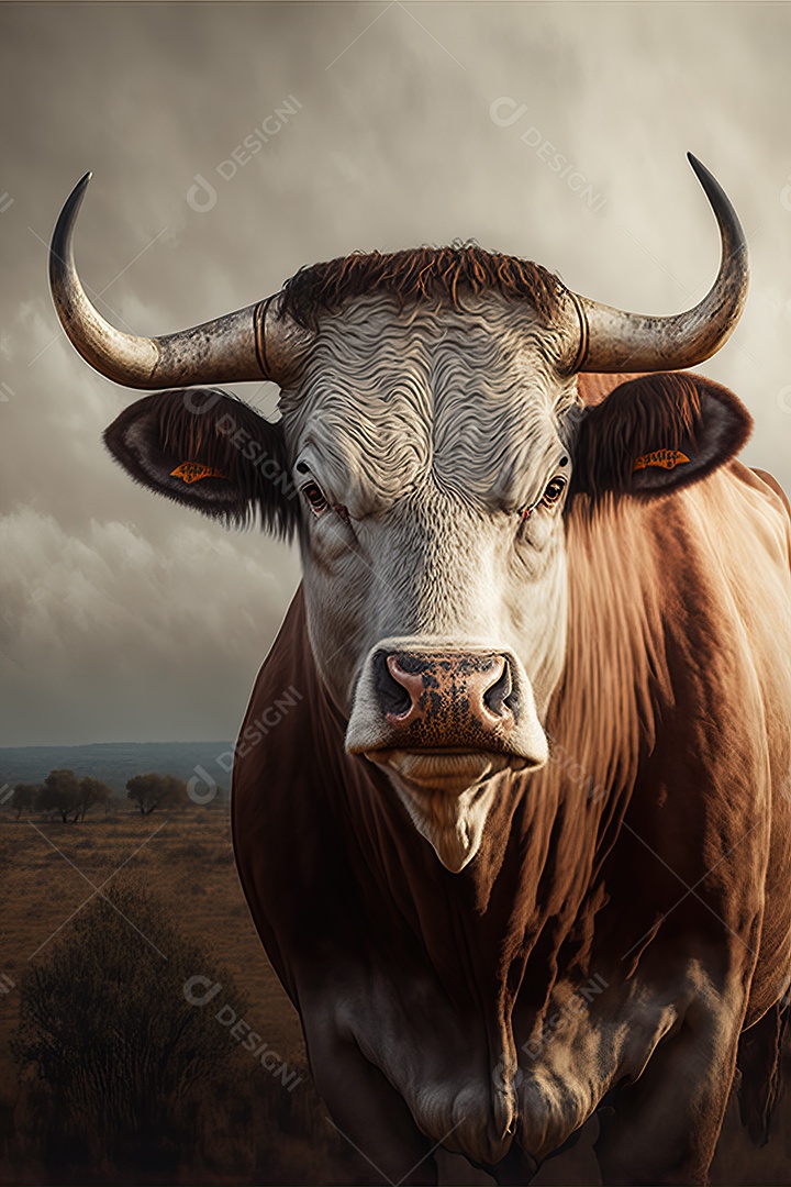 Retrato de um touro bravo em uma planície agrícola de fazenda.