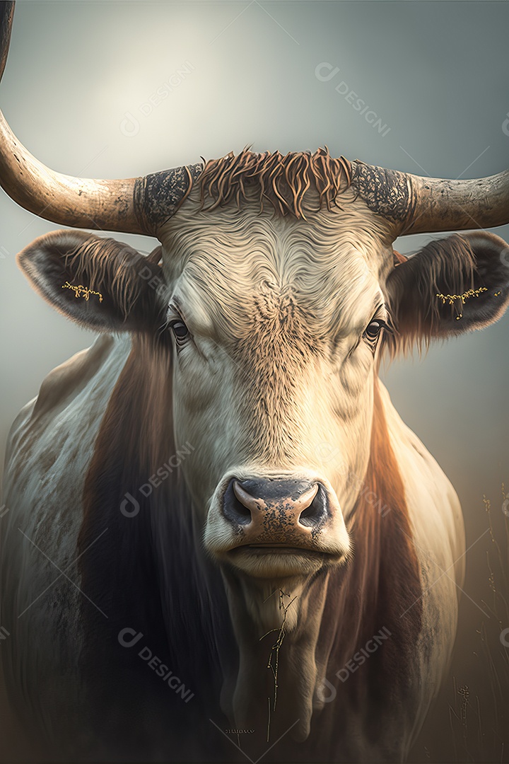 Retrato de um touro bravo em uma planície agrícola de fazenda.