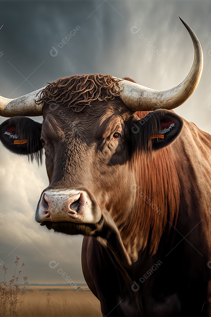 Retrato de um touro bravo em uma planície agrícola de fazenda.