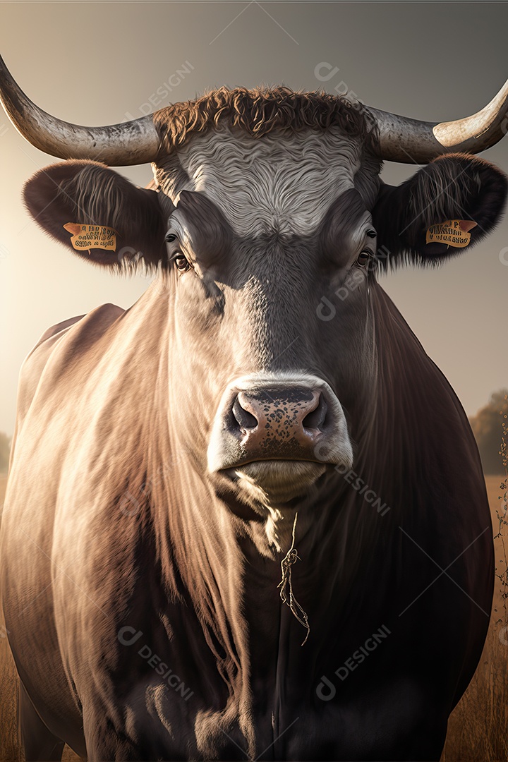 Retrato de um touro bravo em uma planície agrícola de fazenda.