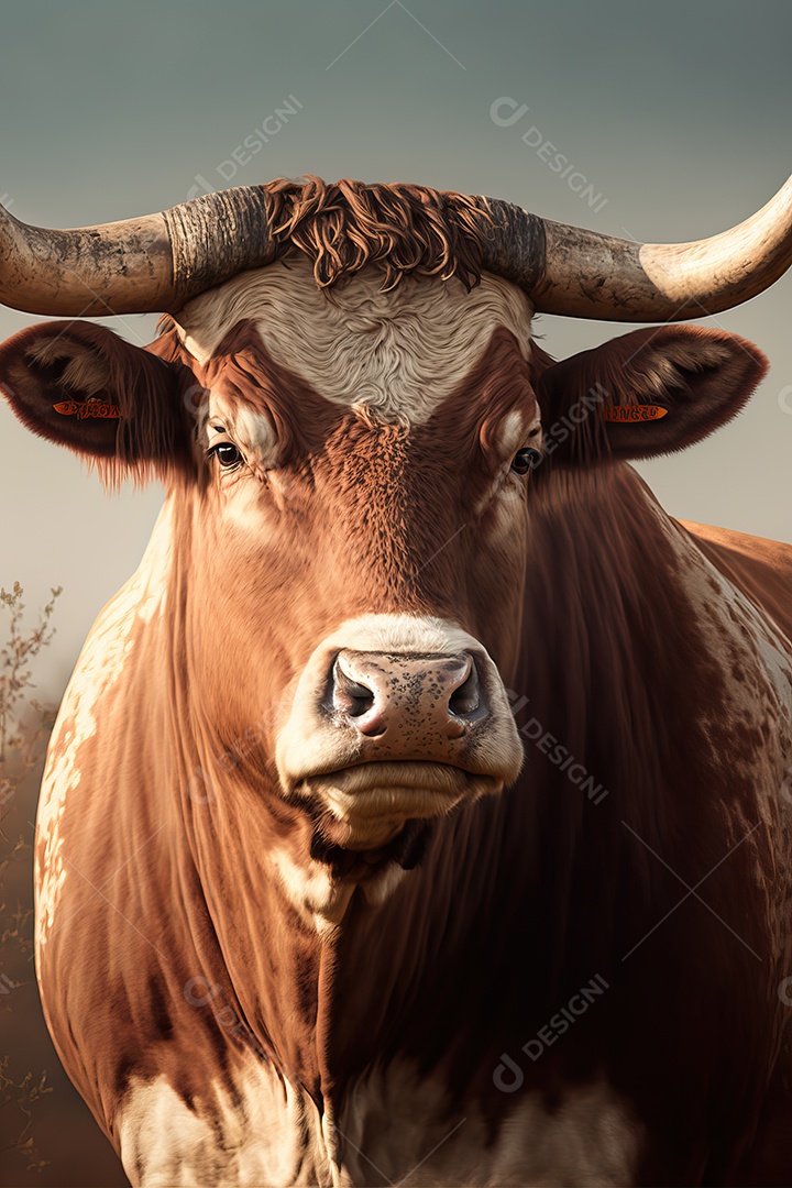 Retrato de um touro bravo em uma planície agrícola de fazenda.