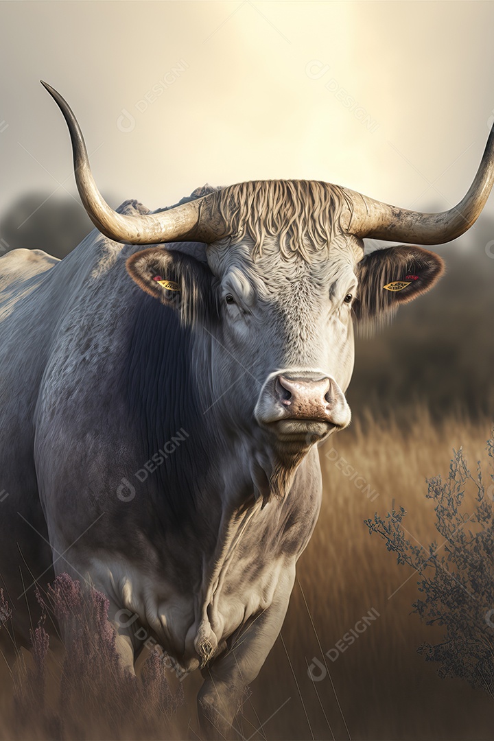 Retrato de um touro bravo em uma planície agrícola de fazenda.