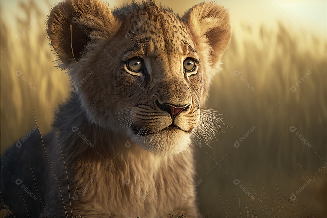 Retrato de um adorável filhote de leão africano em uma planície de savana africana na África oriental e meridional.