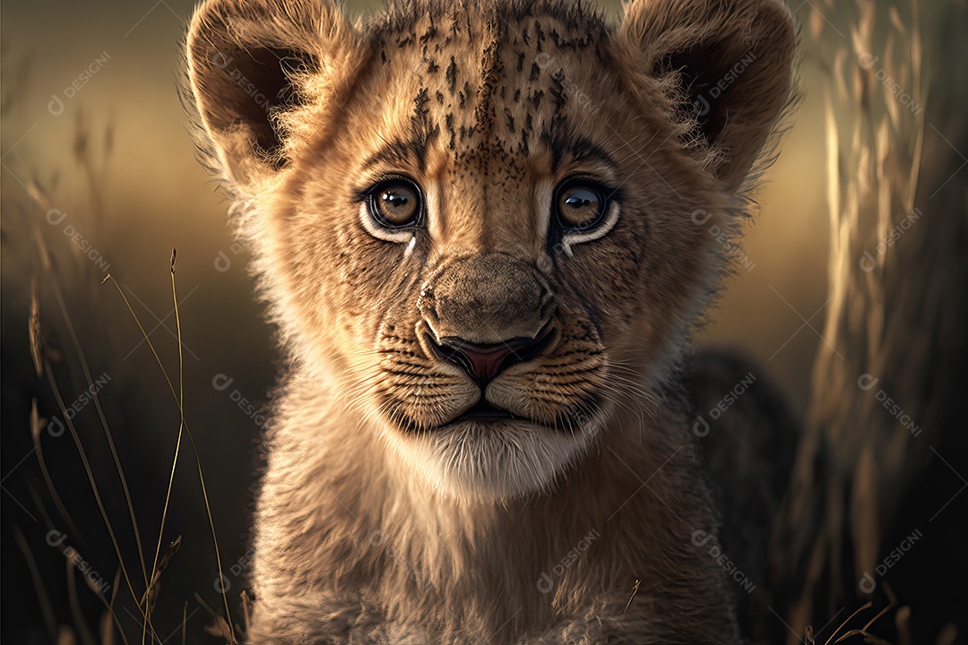Retrato de um adorável filhote de leão africano em uma planície de savana africana na África oriental e meridional.