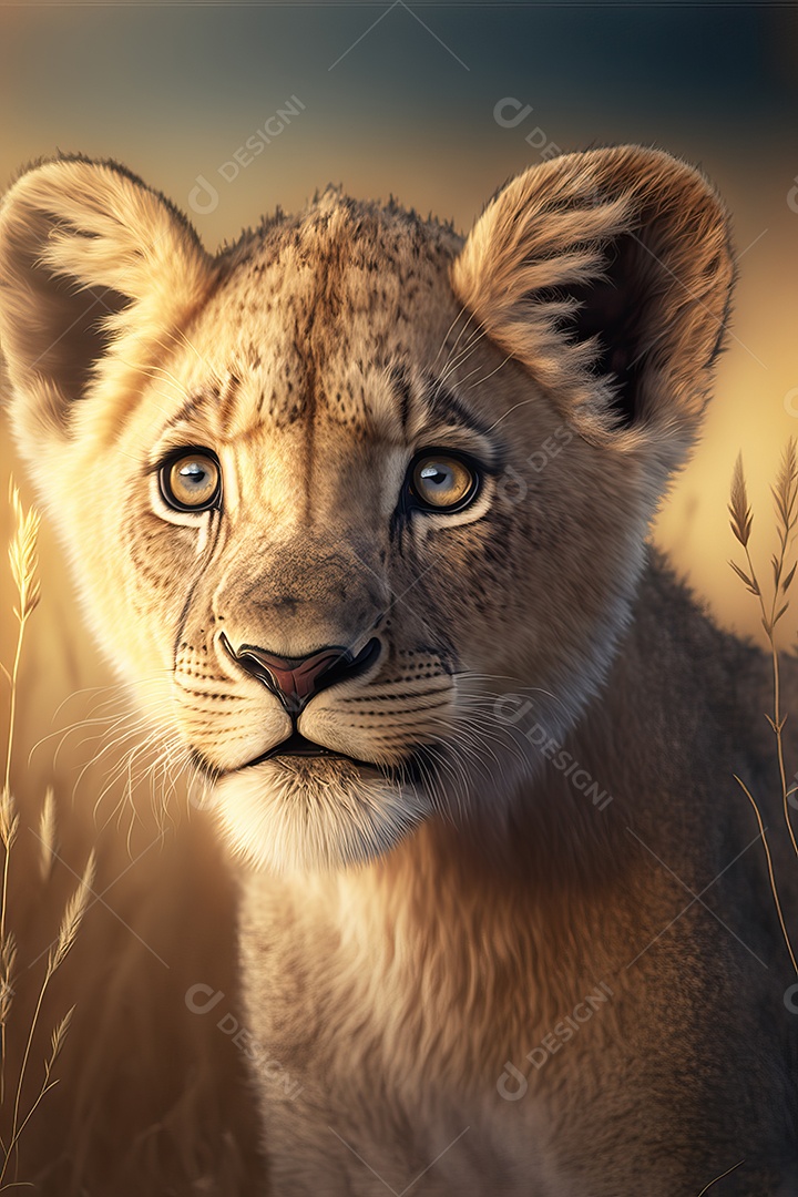 Retrato de um adorável filhote de leão africano em uma planície de savana africana na África oriental e meridional.