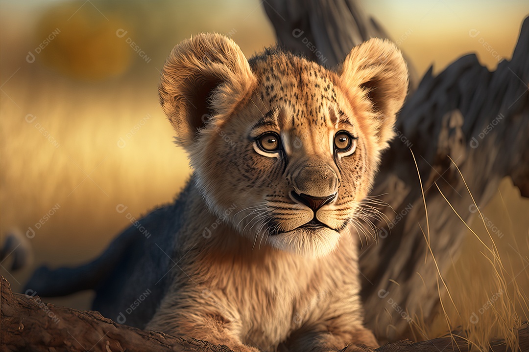 Retrato de um adorável filhote de leão africano em uma planície de savana africana na África oriental e meridional.