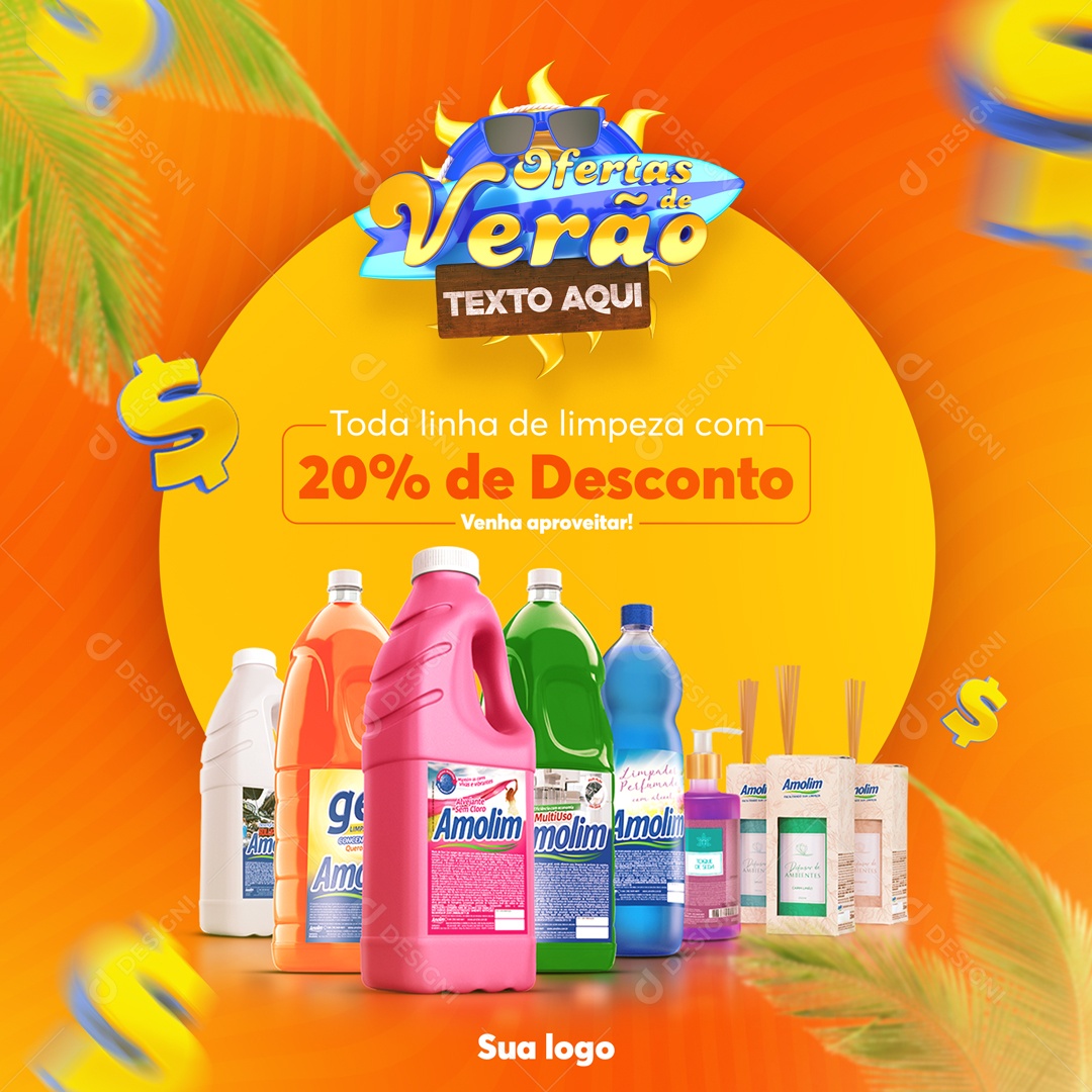Ofertas de Verão Toda Linha de Limpeza Com 20% de Desconto Venha Aproveitar Social Media PSD Editável