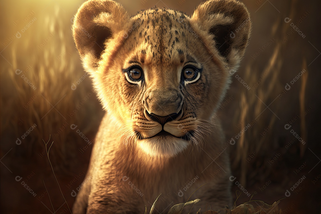 Retrato de um adorável filhote de leão africano em uma planície de savana africana na África oriental e meridional.