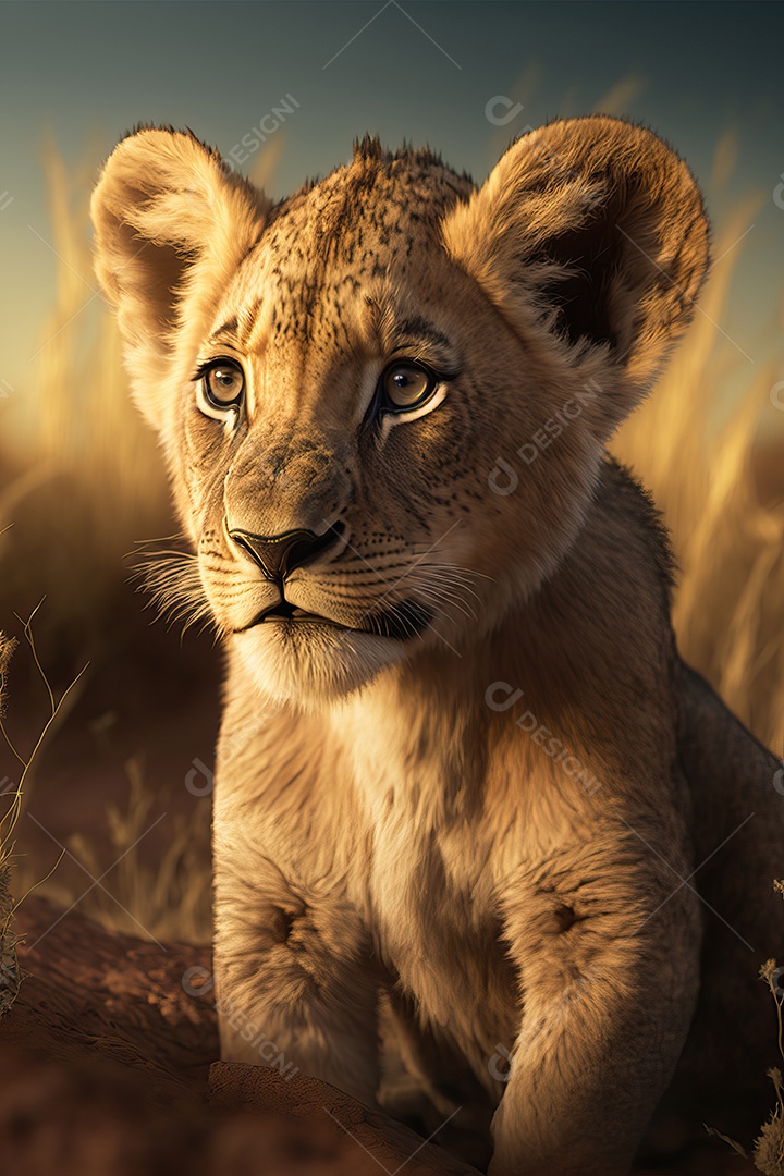 Retrato de um adorável filhote de leão africano em uma planície de savana africana na África oriental e meridional.