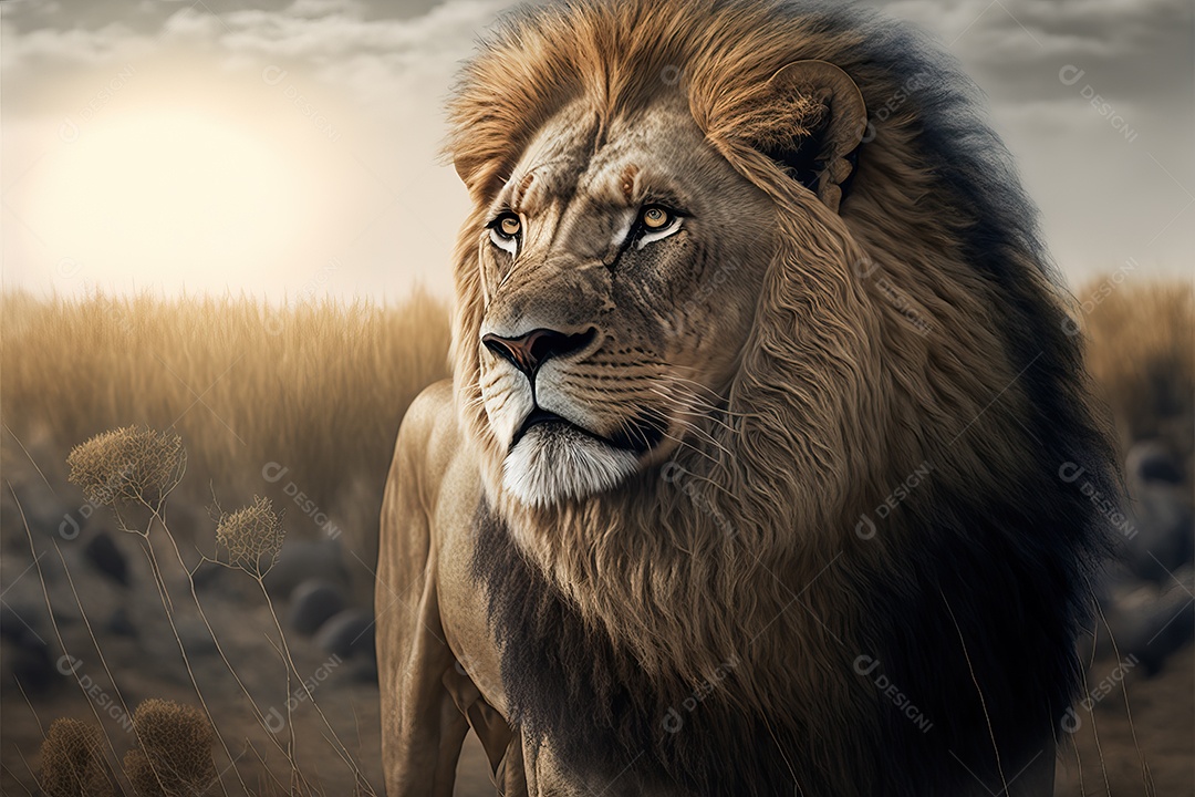 Uma bela imagem de um leão africano em uma planície da savana africana no leste e sul da África.