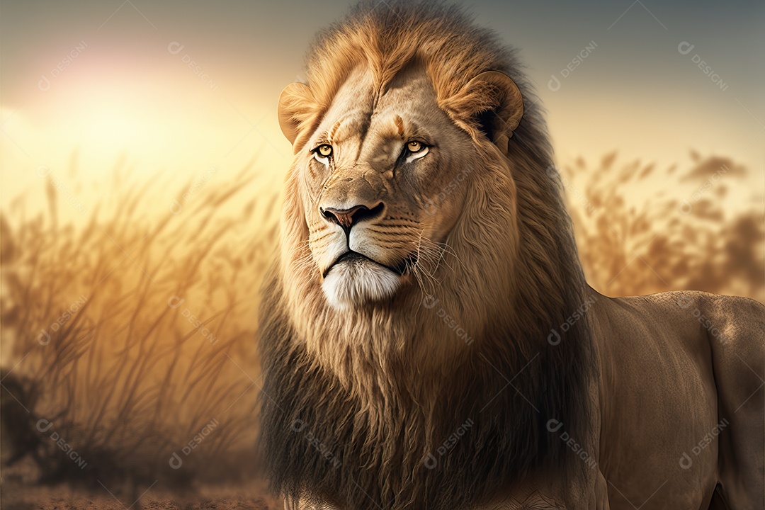 Uma bela imagem de um leão africano em uma planície da savana africana no leste e sul da África.