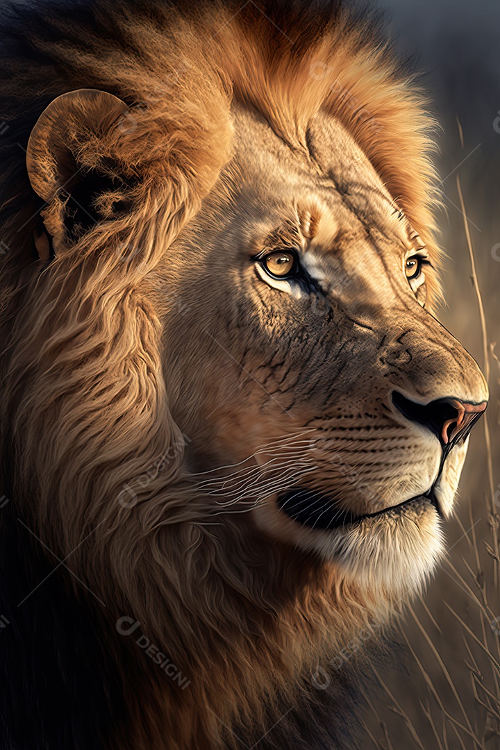 A beautiful image of an African lion in an African savannah plain in eastern and southern Africa.