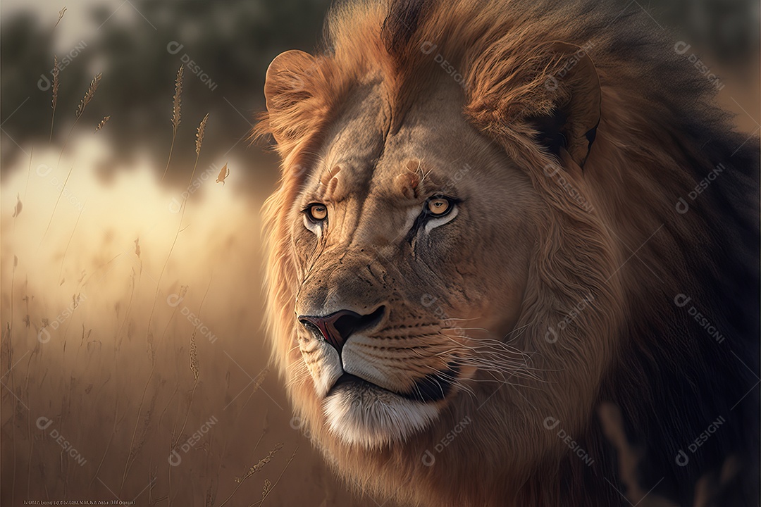 Uma bela imagem de um leão africano em uma planície da savana africana no leste e sul da África.