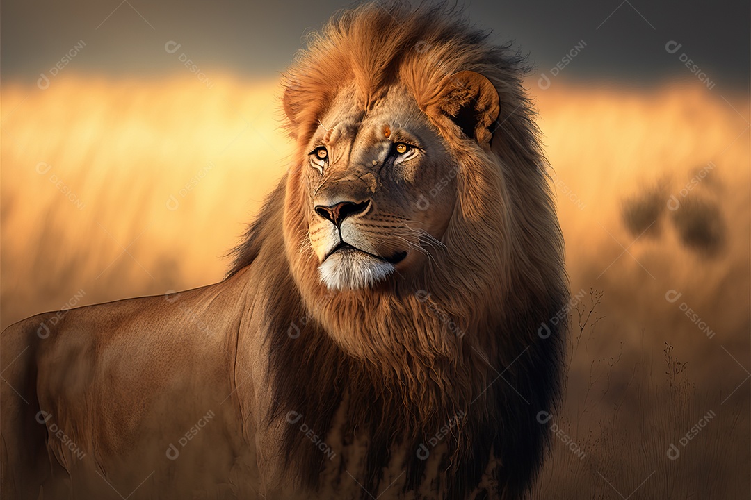 Uma bela imagem de um leão africano em uma planície da savana africana no leste e sul da África.