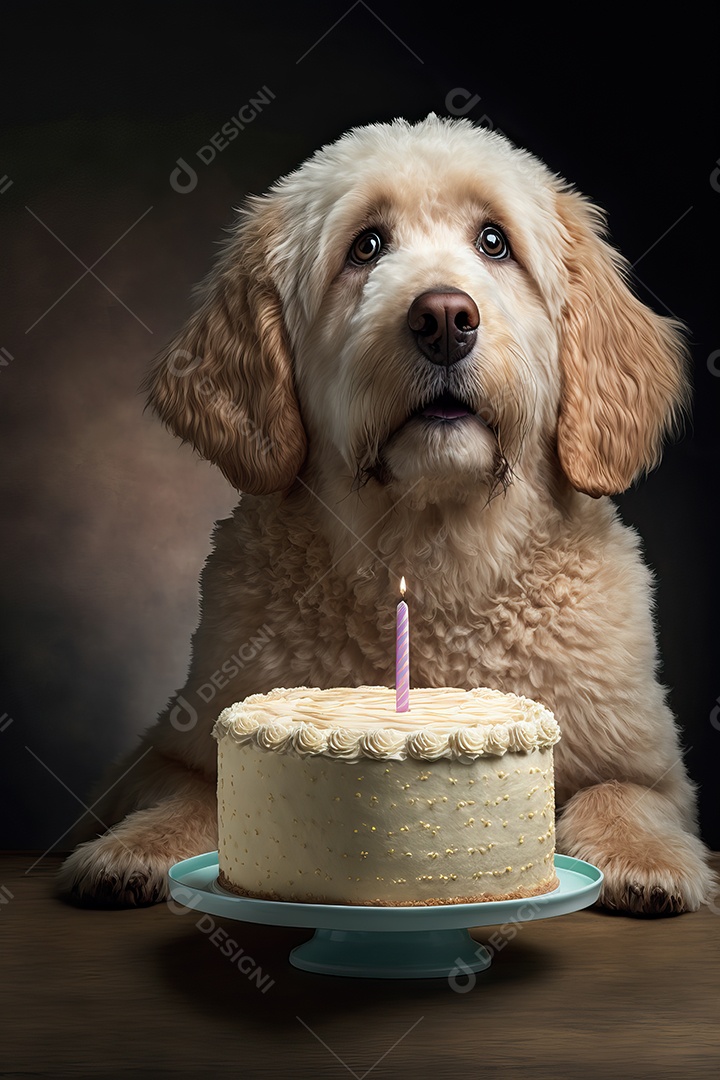 Retrato de um adorável cão doméstico comemorando um aniversário na frente de um bolo gostoso com uma vela. Conceito de melhor amigo.