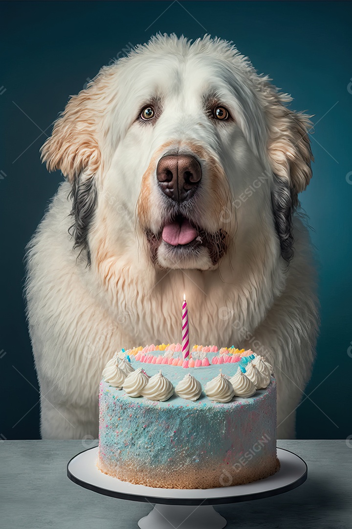 Retrato de um adorável cão doméstico comemorando um aniversário na frente de um bolo gostoso com uma vela. Conceito de melhor amigo.