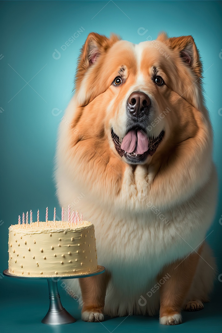 Retrato de um adorável cão doméstico comemorando um aniversário na frente de um bolo gostoso com uma vela. Conceito de melhor amigo.