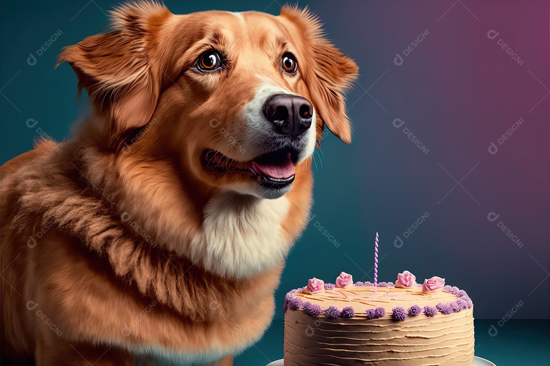 Retrato de um adorável cão doméstico comemorando um aniversário na frente de um bolo gostoso com uma vela. Conceito de melhor amigo.