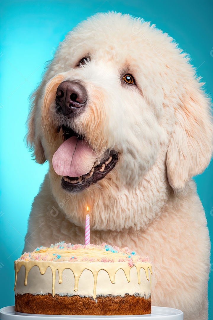 Retrato de um adorável cão doméstico comemorando um aniversário na frente de um bolo gostoso com uma vela. Conceito de melhor amigo.