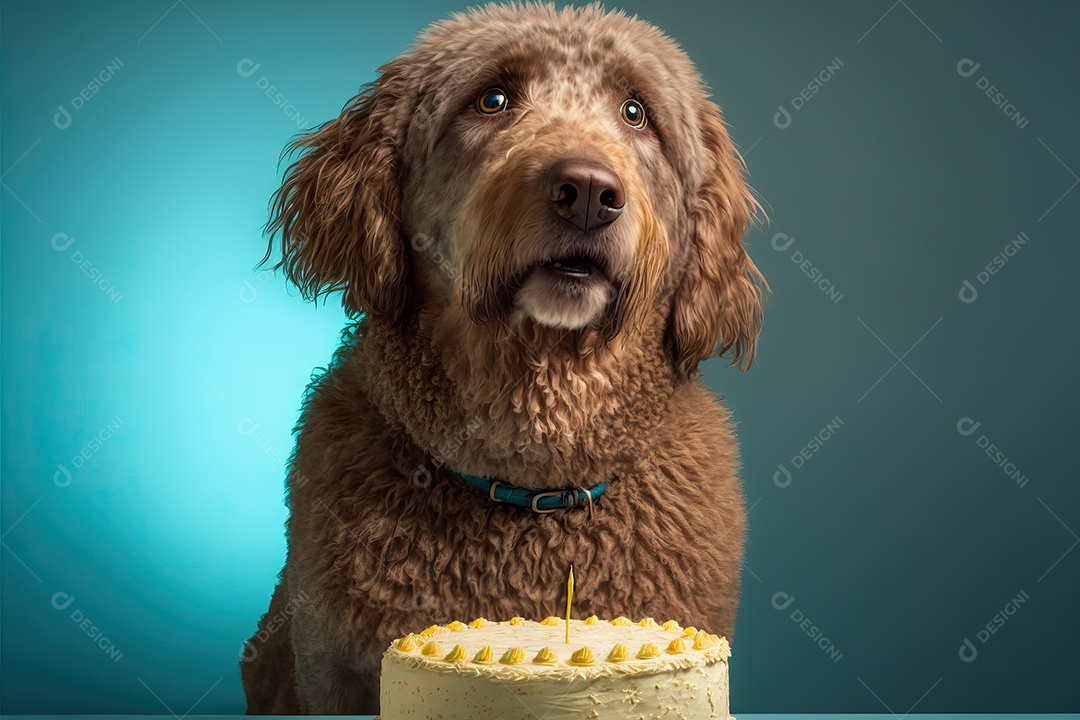 Retrato de um adorável cão doméstico comemorando um aniversário na frente de um bolo gostoso com uma vela. Conceito de melhor amigo.