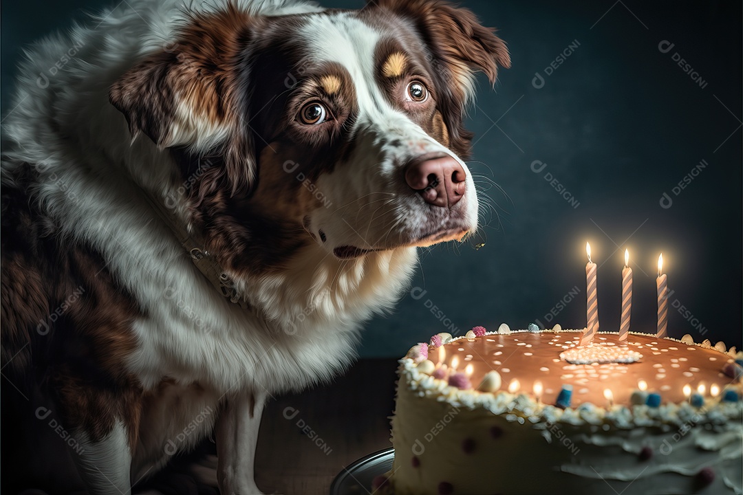 Retrato de um adorável cão doméstico comemorando um aniversário na frente de um bolo gostoso com uma vela. Conceito de melhor amigo.