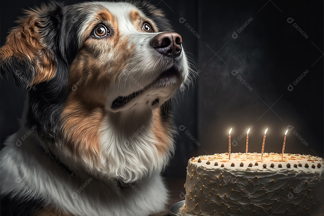 Retrato de um adorável cão doméstico comemorando um aniversário na frente de um bolo gostoso com uma vela. Conceito de melhor amigo.