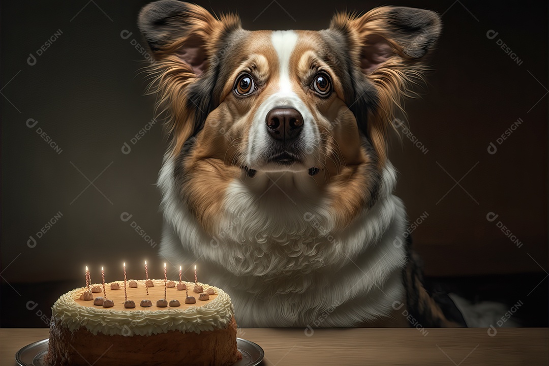 Retrato de um adorável cão doméstico comemorando um aniversário na frente de um bolo gostoso com uma vela. Conceito de melhor amigo.