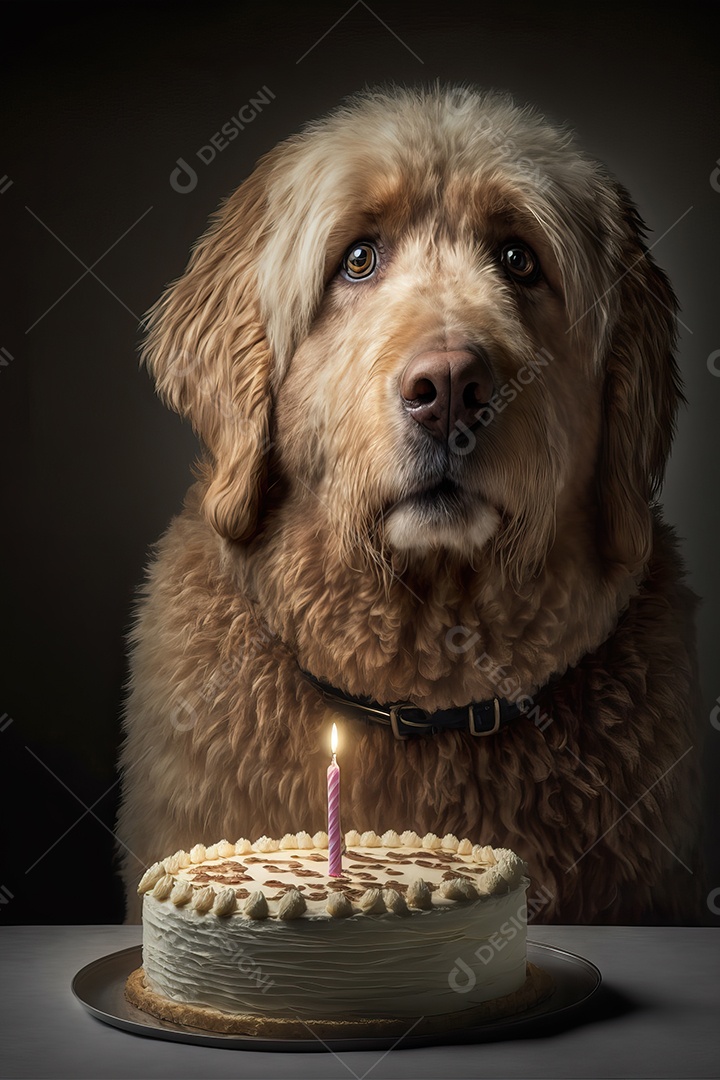 Retrato de um adorável cão doméstico comemorando um aniversário na frente de um bolo gostoso com uma vela. Conceito de melhor amigo.
