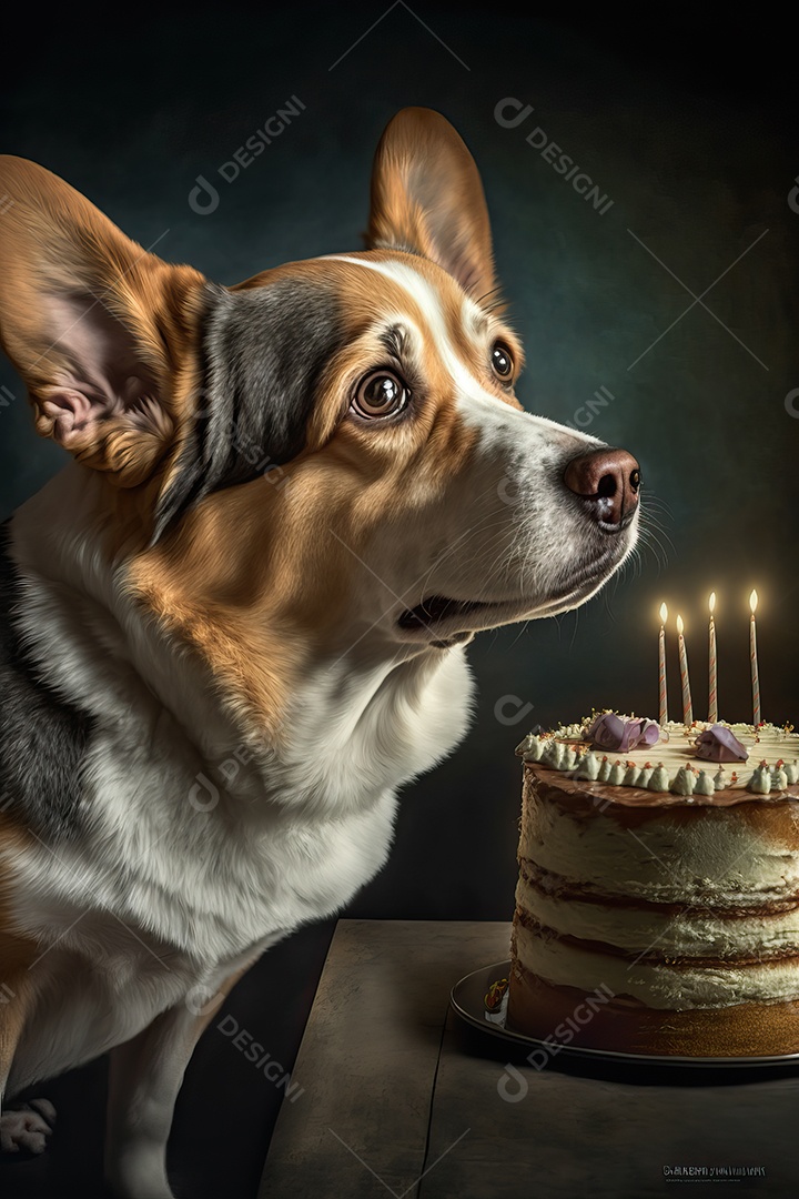 Retrato de um adorável cão doméstico comemorando um aniversário na frente de um bolo gostoso com uma vela. Conceito de melhor amigo.