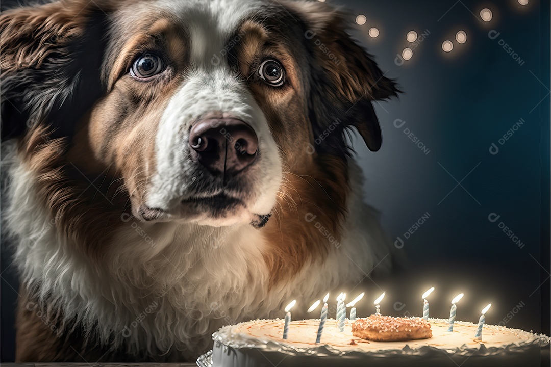 Retrato de um adorável cão doméstico comemorando um aniversário na frente de um bolo gostoso com uma vela. Conceito de melhor amigo.
