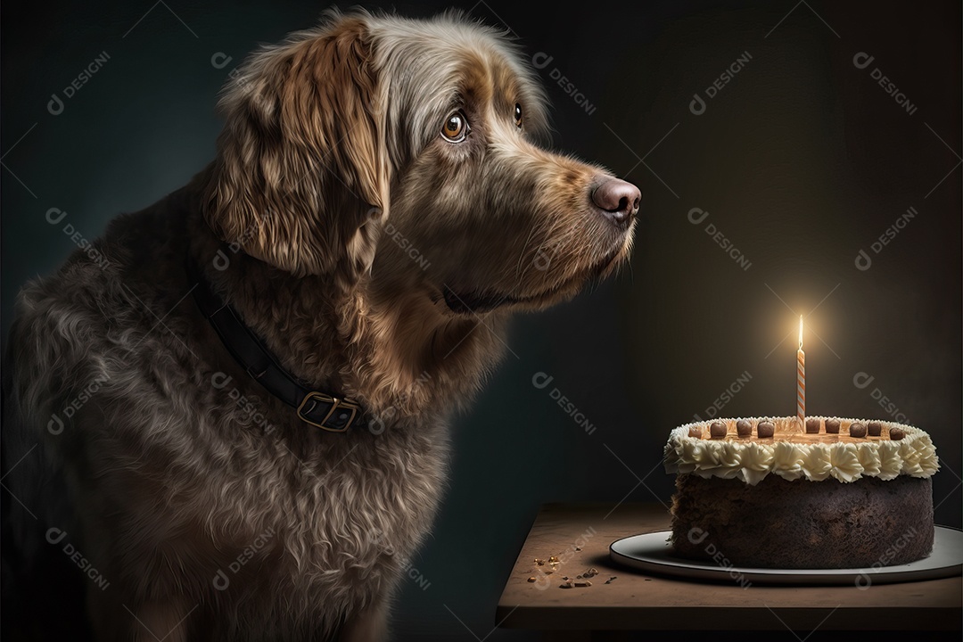 Retrato de um adorável cão doméstico comemorando um aniversário na frente de um bolo gostoso com uma vela. Conceito de melhor amigo.
