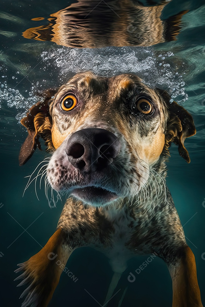 Retrato subaquático de adorável cachorro subaquático mergulhando na piscina e na praia com os olhos abertos.