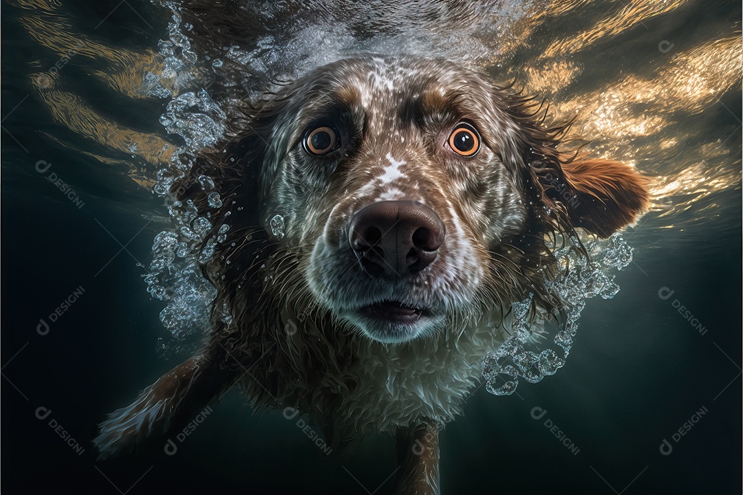 Retrato subaquático de adorável cachorro subaquático mergulhando na piscina e na praia com os olhos abertos.