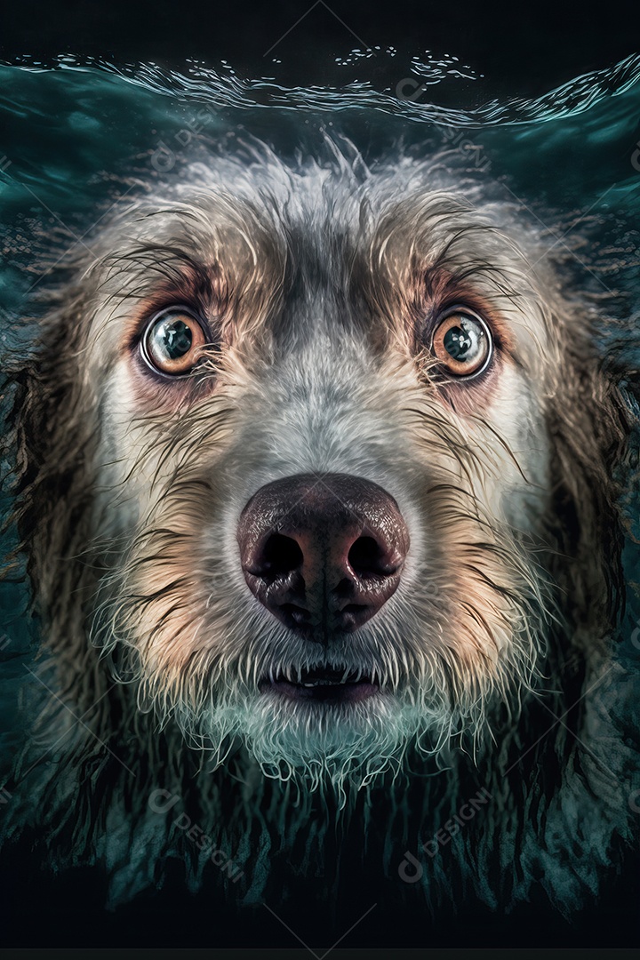 Retrato subaquático de adorável cachorro subaquático mergulhando na piscina e na praia com os olhos abertos.