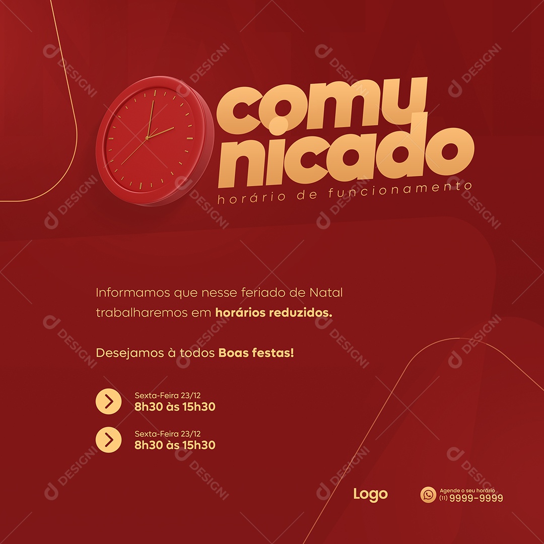 Comunicado Horário de Funcionamento Feliz Natal Social Media PSD Editável