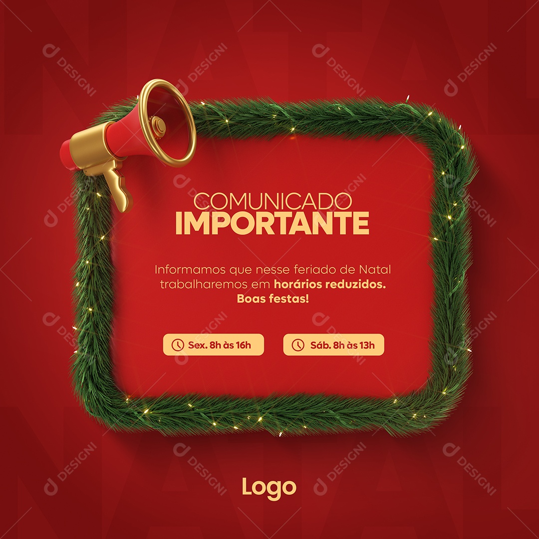Comunicado Importante Feriado Horários Reduzidos Feliz Natal Social Media PSD Editável
