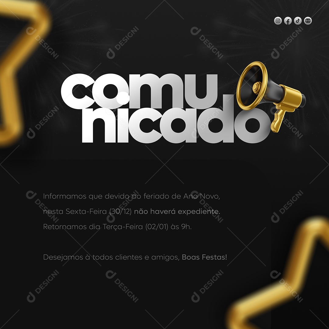 Comunicado Feriado Ano Novo Social Media PSD Editável