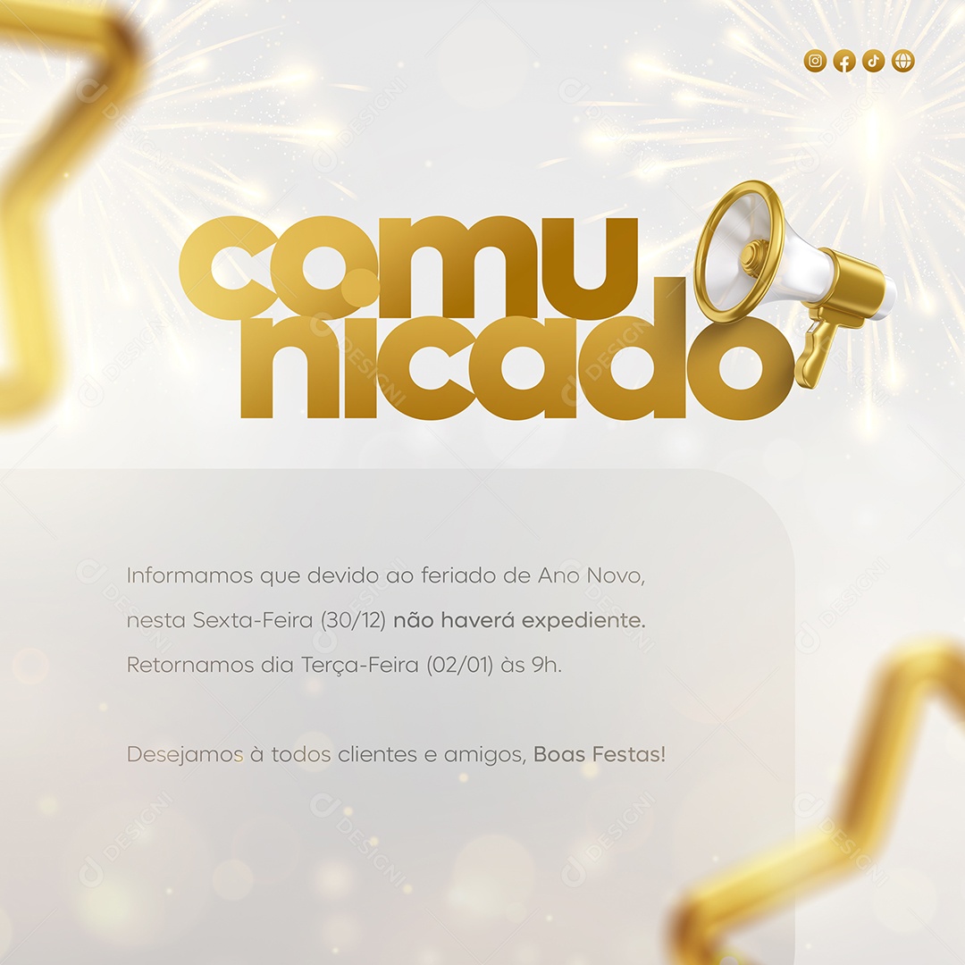 Comunicado Feriado Ano Novo Social Media PSD Editável