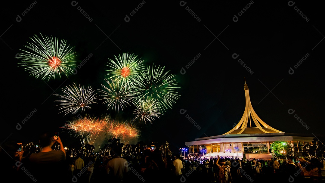 Belos fogos de artifício no parque e pessoas olhando