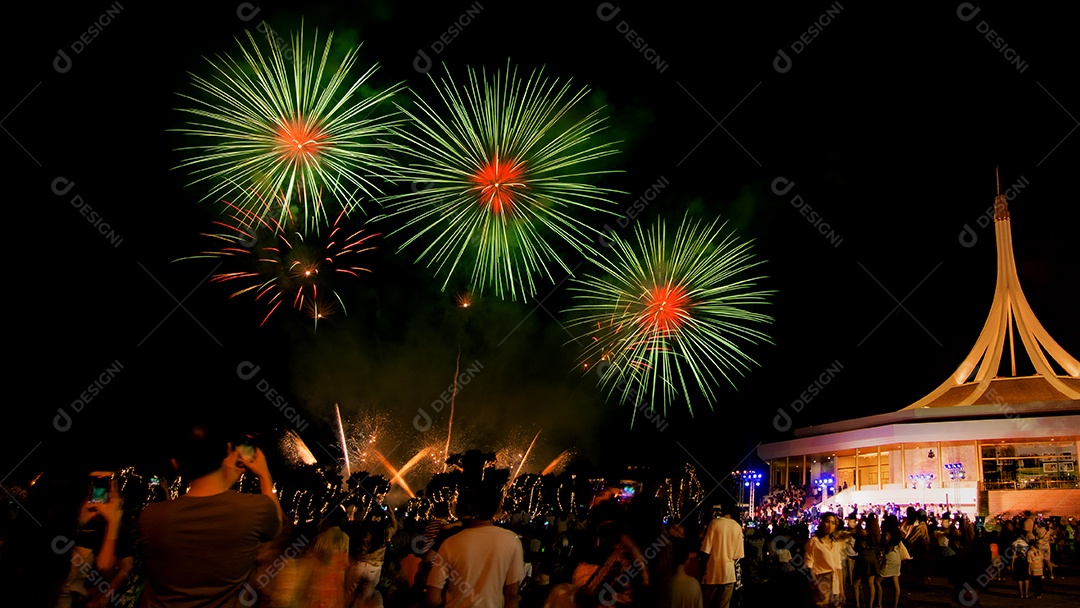 Belos fogos de artifício no parque e pessoas olhando