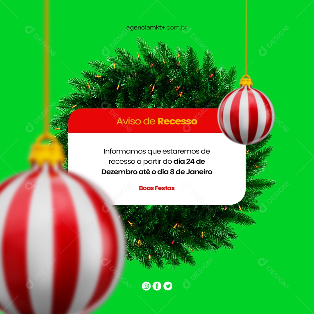 Aviso de Recesso Marketing Digital Designer Gráfico Feliz Natal Social Media PSD Editável