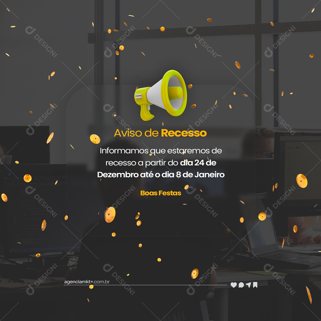 Aviso de Recesso Marketing Designer Gráfico Ano Novo Social Media PSD Editável