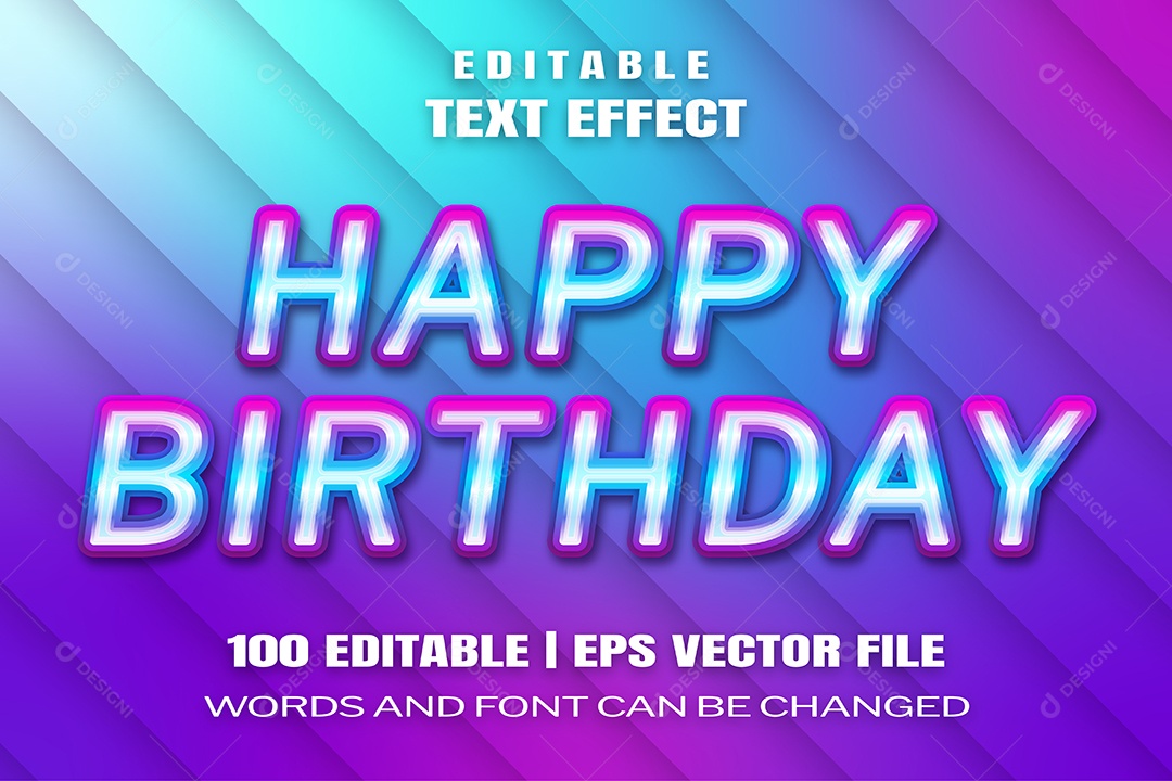 Efeito de Texto Happy Birthday Fundo Roxo Vetor EPS Editável