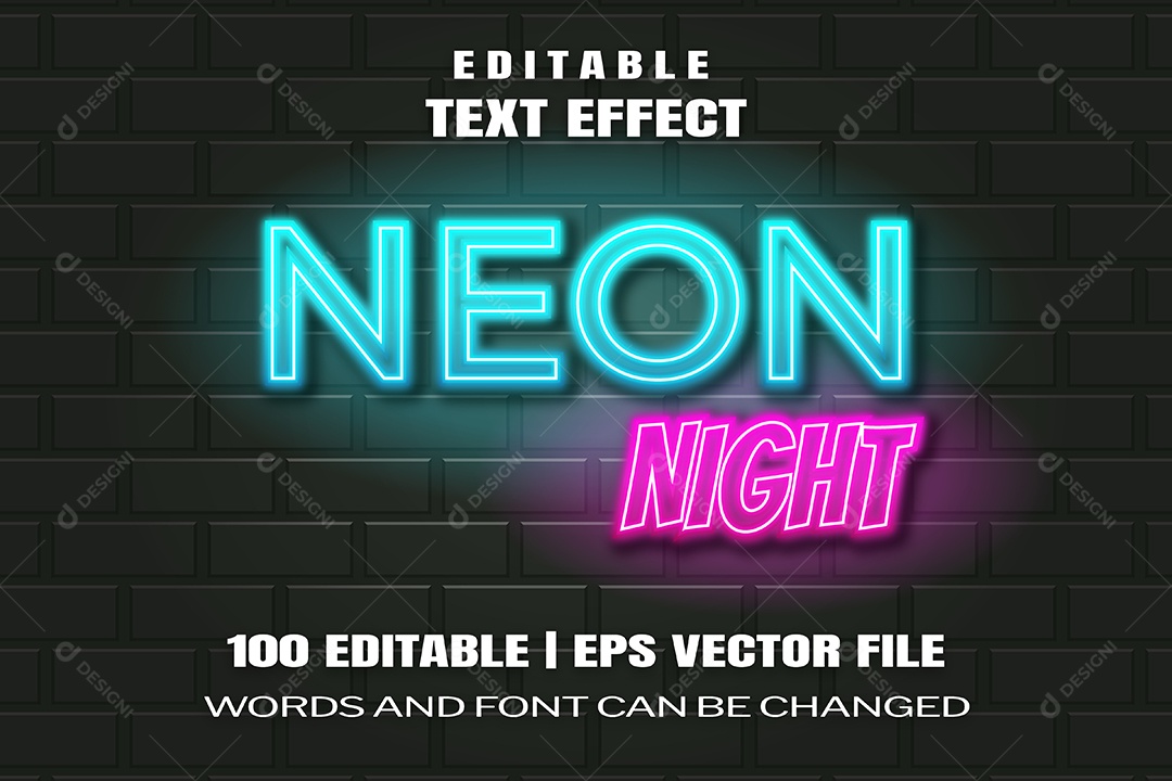 Efeito de Texto Neon Night Fundo Preto EPS Editável
